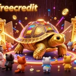 Play exciting games with heylinkfreecredit in this vibrant casino-themed scene featuring a golden tortoise.