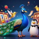 Slot online yang menarik dengan burung merak dan elemen jackpot dalam ilustrasi 3D yang kaya detail.