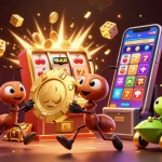 SIN88-themed illustration of ants carrying a giant golden poker chip, bursting slot machine, and vibrant casino games.