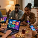 Group enjoying online games at home, highlighting new UK casino sites excitement and fun.