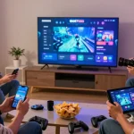 Group of friends gaming on Slot7000 platform in a cozy living room