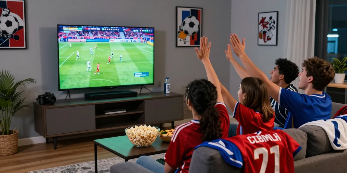 رابط مشاهدة مباريات اليوم بدون تقطيع in an exciting living room atmosphere with fans cheering for their favorite teams during a live game.