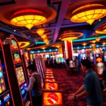 situs toto dengan mesin slot berwarna cerah dan pemain yang antusias
