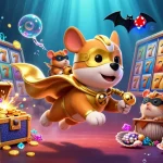 Experience excitement with slot deposit 5k illustrated by a superhero dog and hamster, vibrant casino elements.