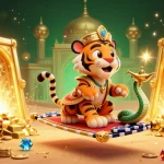Sparkling scene of situs slot gacor featuring a tiger sultan on a carpet of poker chips, surrounded by treasures and gems.