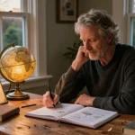 T Allen Greenfield at his desk surrounded by spirituality and UFO books, representing https://tallengreenfield.com.