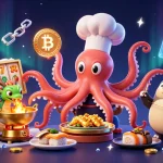 Slot online: Memainkan mesin slot sambil dikelilingi oleh hidangan emas yang dipersiapkan oleh karakter lucu di latar belakang indah.