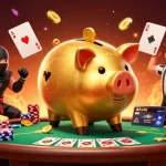 Engage in action with sbobet login featuring a golden piggy bank sumo wrestler amidst vibrant gaming elements.